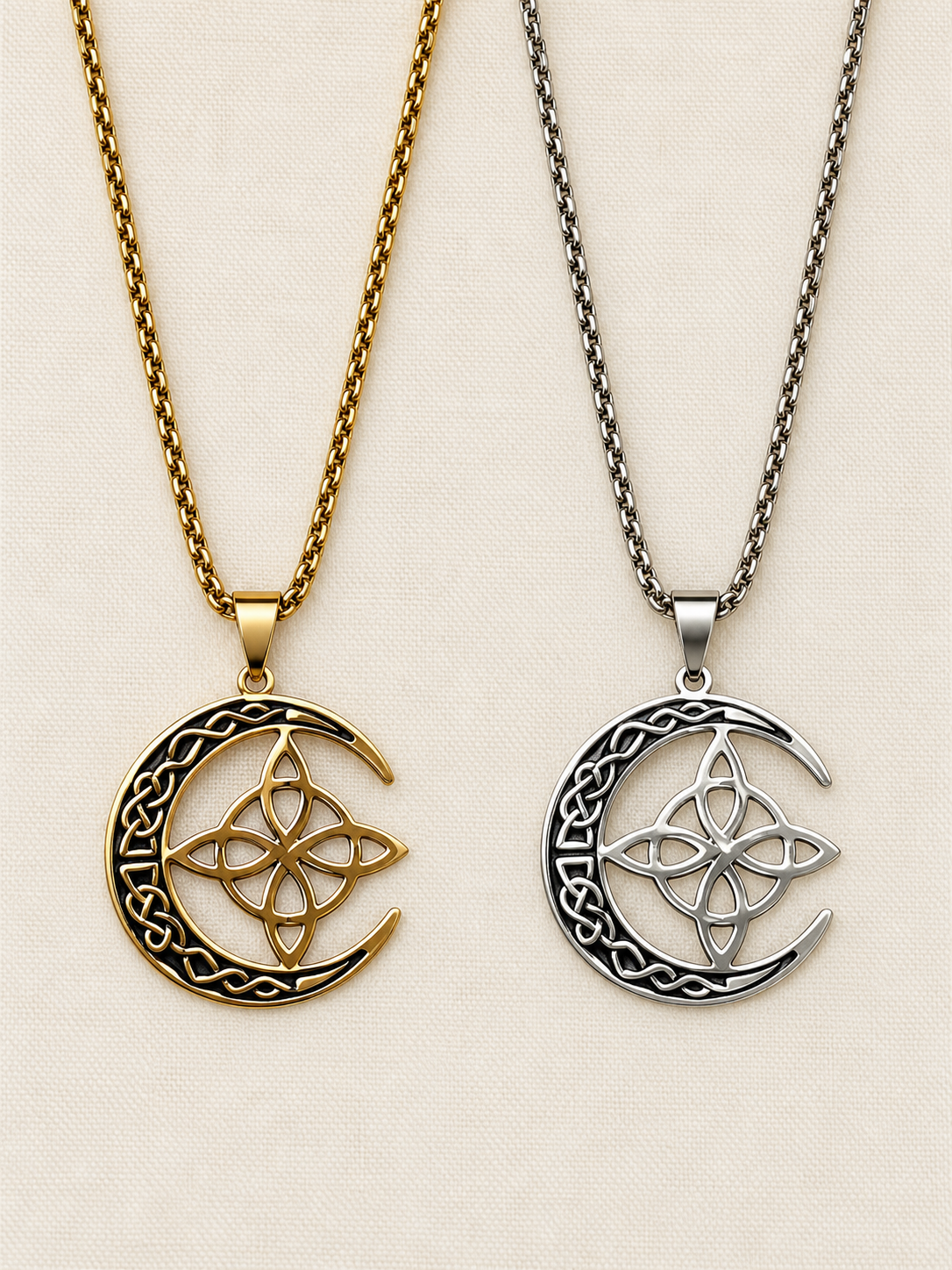 Collier Lune Celtique – Pendentif croix celtique – Doré ou argenté