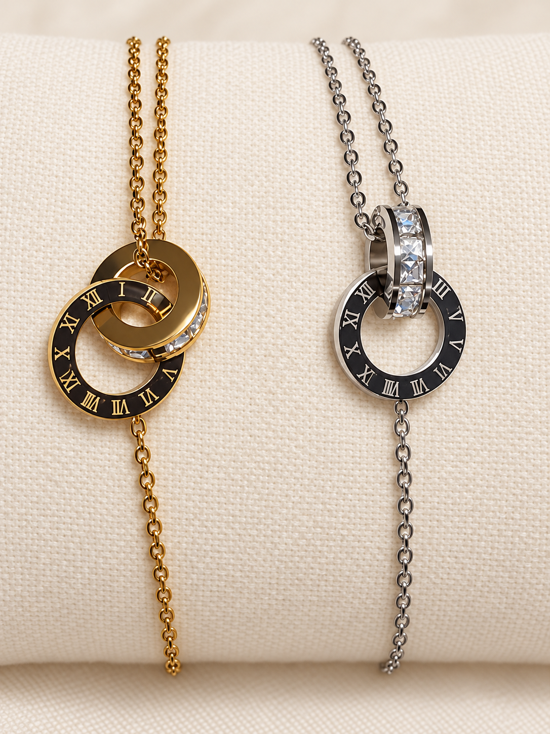 Bracelet Double Anneau Chiffres Romains & Strass – Doré ou Argenté