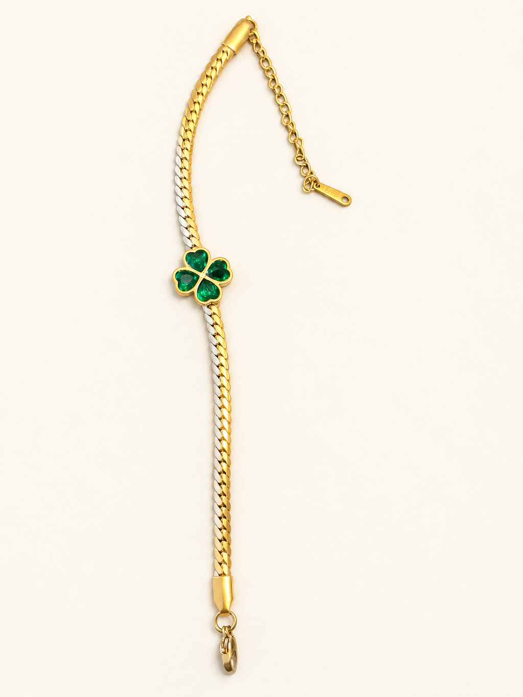Bracelet doré maille plate avec trèfle vert
