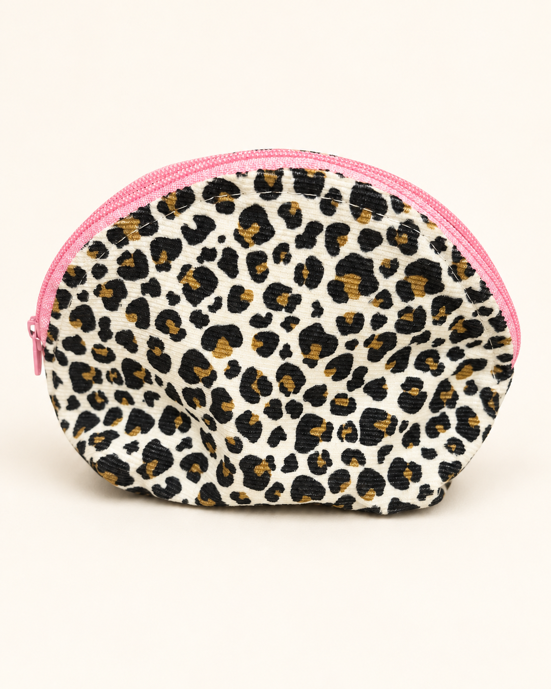Petite pochette léopard écru, noir et doré – Zip rose
