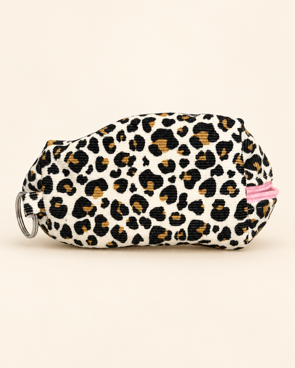 Petite pochette léopard écru, noir et doré – Zip rose
