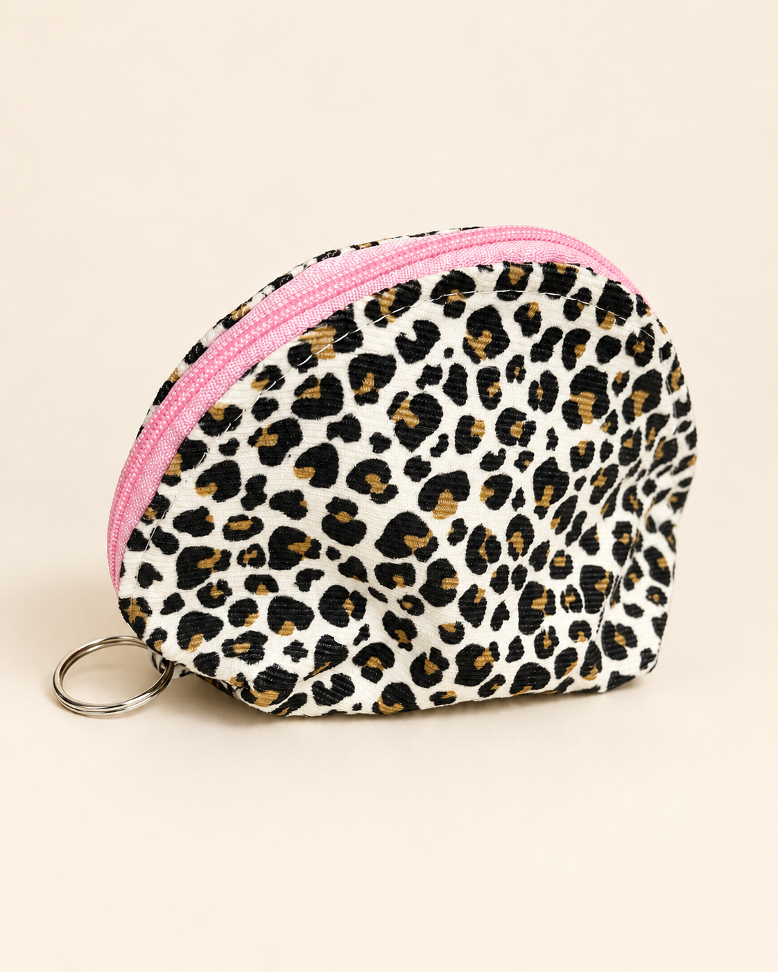Petite pochette léopard écru, noir et doré – Zip rose