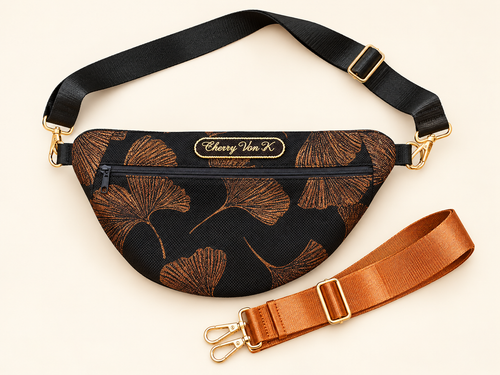 Banane noire à motif ginkgo cuivré avec deux bandoulières