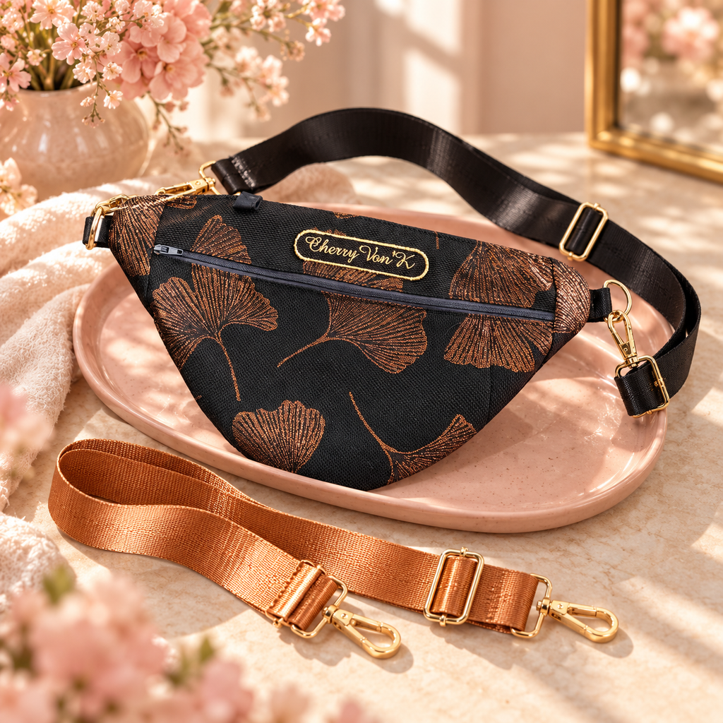 Banane noire à motif ginkgo cuivré avec deux bandoulières